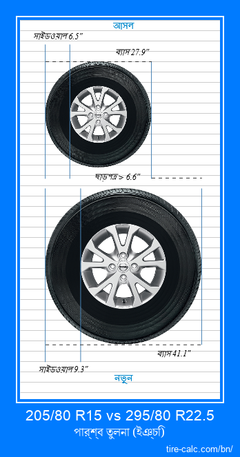 205/80 R15 vs 295/80 R22.5 ইঞ্চি গাড়ির টায়ার পার্শ্ব তুলনা