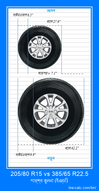 205/80 R15 vs 385/65 R22.5 ইঞ্চি গাড়ির টায়ার পার্শ্ব তুলনা