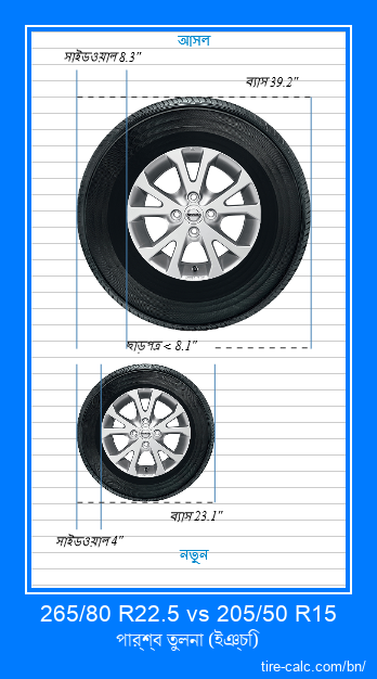 265/80 R22.5 vs 205/50 R15 ইঞ্চি গাড়ির টায়ার পার্শ্ব তুলনা