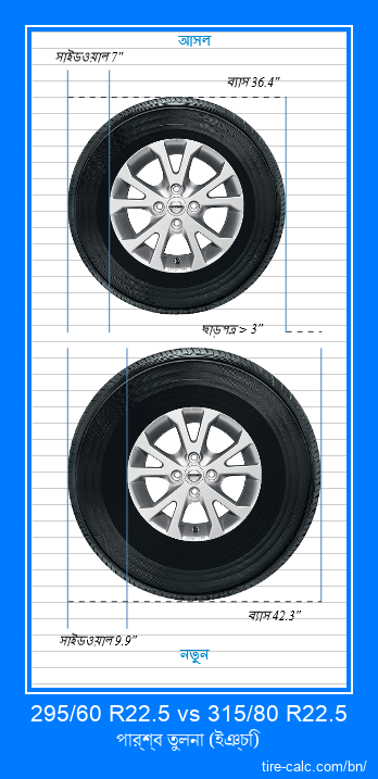 295/60 R22.5 vs 315/80 R22.5 ইঞ্চি গাড়ির টায়ার পার্শ্ব তুলনা