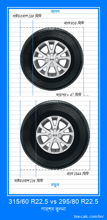 315/60 R22.5 vs 295/80 R22.5 সেন্টিমিটার গাড়ির টায়ার পার্শ্ব তুলনা