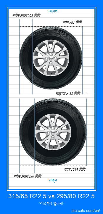 315/65 R22.5 vs 295/80 R22.5 সেন্টিমিটার গাড়ির টায়ার পার্শ্ব তুলনা