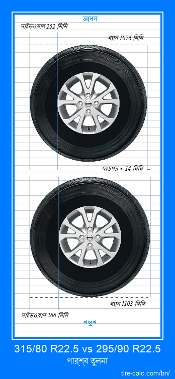 315/80 R22.5 vs 295/90 R22.5 সেন্টিমিটার গাড়ির টায়ার পার্শ্ব তুলনা