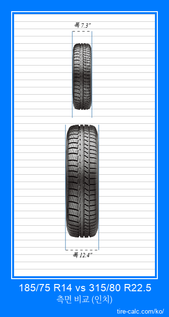 185/75 R14 vs 315/80 R22.5 인치 단위의 자동차 타이어의 정면 비교