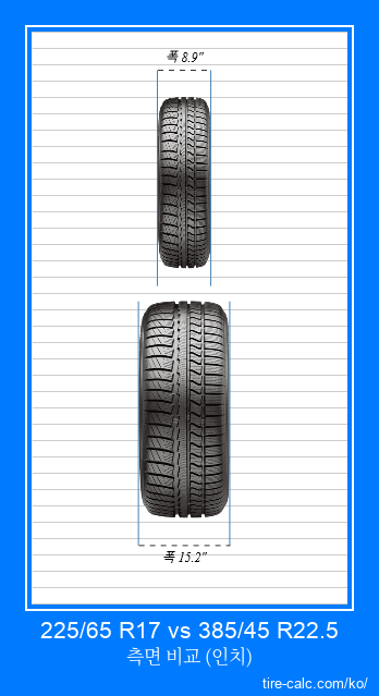 225/65 R17 vs 385/45 R22.5 인치 단위의 자동차 타이어의 정면 비교