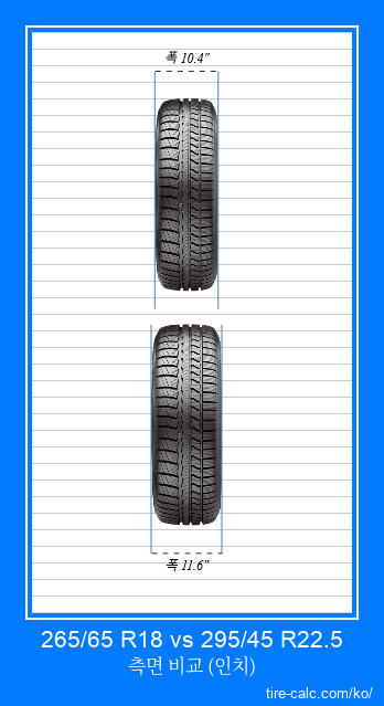 265/65 R18 vs 295/45 R22.5 인치 단위의 자동차 타이어의 정면 비교