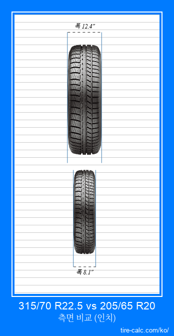 315/70 R22.5 vs 205/65 R20 인치 단위의 자동차 타이어의 정면 비교