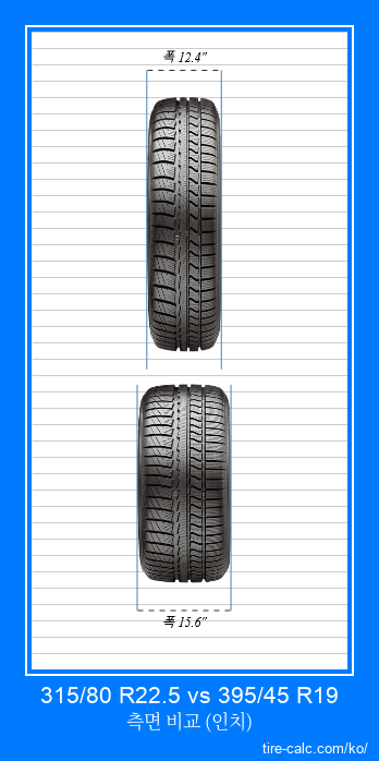 315/80 R22.5 vs 395/45 R19 인치 단위의 자동차 타이어의 정면 비교