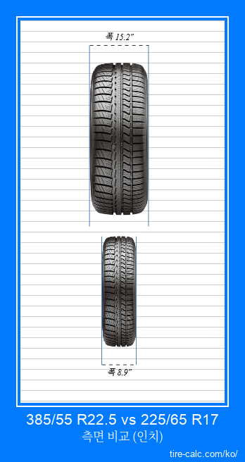 385/55 R22.5 vs 225/65 R17 인치 단위의 자동차 타이어의 정면 비교