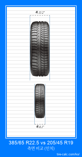 385/65 R22.5 vs 205/45 R19 인치 단위의 자동차 타이어의 정면 비교