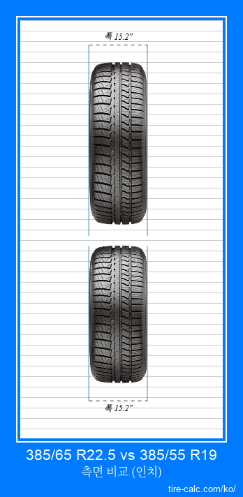 385/65 R22.5 vs 385/55 R19 인치 단위의 자동차 타이어의 정면 비교