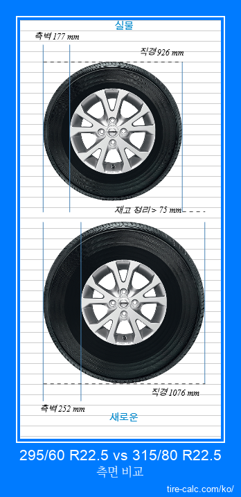 295/60 R22.5 vs 315/80 R22.5 센티미터 단위의 자동차 타이어 측면 비교