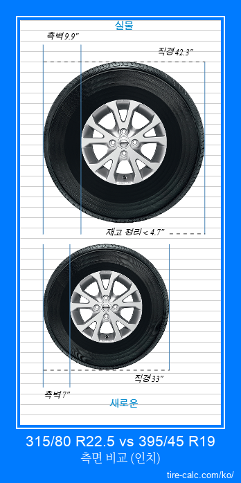 315/80 R22.5 vs 395/45 R19 인치 단위의 자동차 타이어 측면 비교