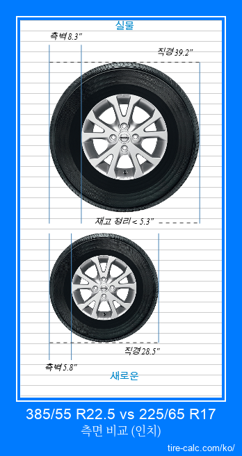385/55 R22.5 vs 225/65 R17 인치 단위의 자동차 타이어 측면 비교