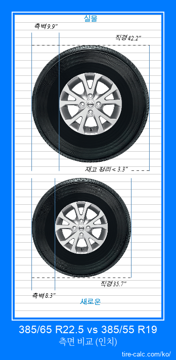 385/65 R22.5 vs 385/55 R19 인치 단위의 자동차 타이어 측면 비교