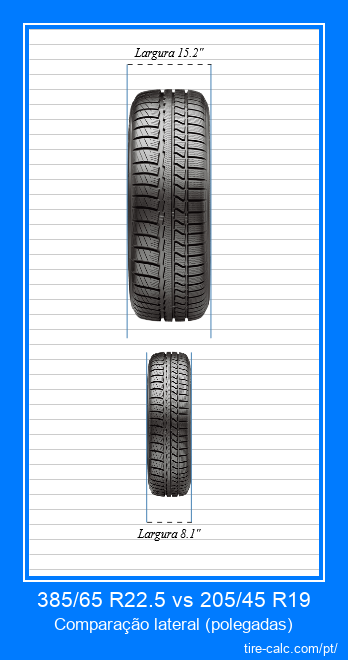 385/65 R22.5 vs 205/45 R19 comparação frontal de pneus de carro em polegadas