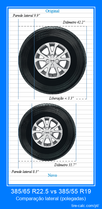 385/65 R22.5 vs 385/55 R19 comparação lateral de pneus de carro em polegadas