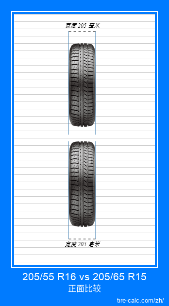 205/55 R16 vs 205/65 R15 汽车轮胎的正面比较（以厘米为单位）