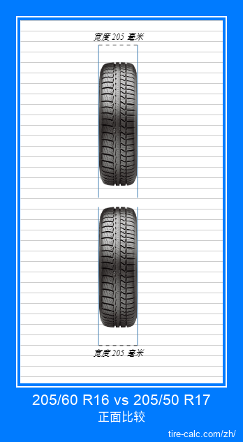 205/60 R16 vs 205/50 R17 汽车轮胎的正面比较（以厘米为单位）