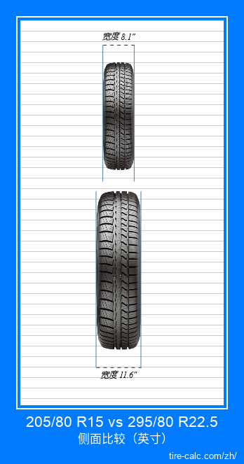 205/80 R15 vs 295/80 R22.5 汽车轮胎的正面比较（英寸）