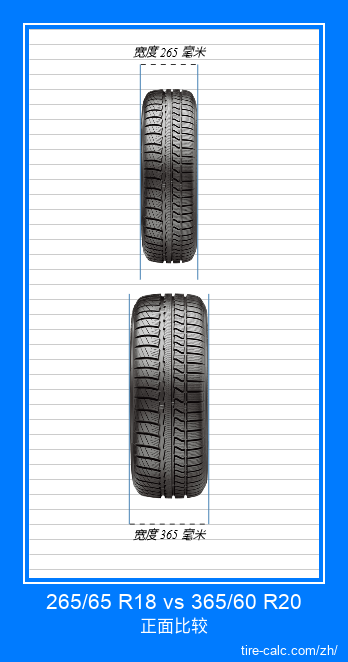 265/65 R18 vs 365/60 R20 汽车轮胎的正面比较(以厘米为单位) 265/65 R18 vs 365/60 R20 汽车轮胎的正面比较(以厘米为单位)