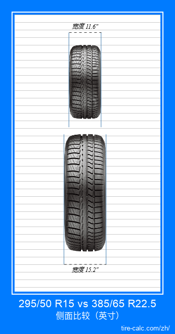 295/50 R15 vs 385/65 R22.5 汽车轮胎的正面比较（英寸）