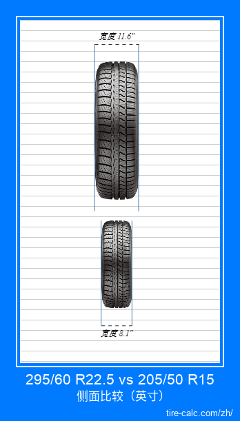 295/60 R22.5 vs 205/50 R15 汽车轮胎的正面比较（英寸）