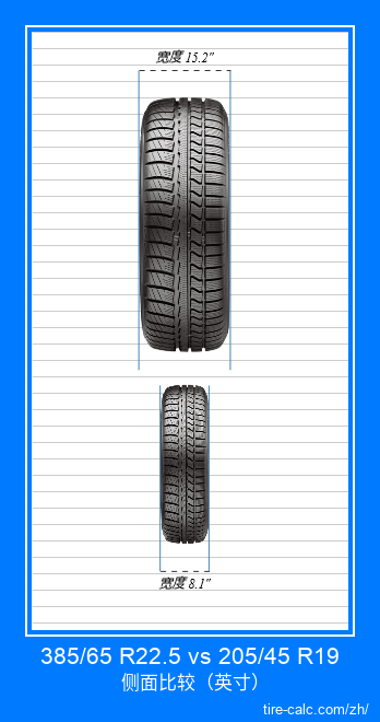 385/65 R22.5 vs 205/45 R19 汽车轮胎的正面比较（英寸）