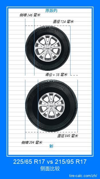 225/65 R17 vs 215/95 R17 汽车轮胎的侧面比较,以厘米为单位 225/65 R17 vs 215/95 R17 汽车轮胎的侧面比较,以厘米为单位