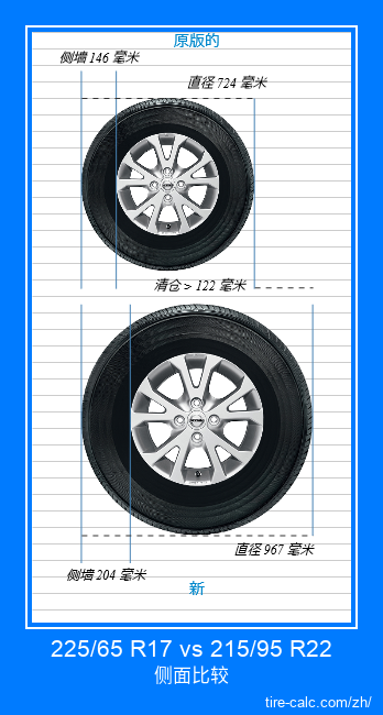 225/65 R17 vs 215/95 R22 汽车轮胎的侧面比较,以厘米为单位 225/65 R17 vs 215/95 R22 汽车轮胎的侧面比较,以厘米为单位